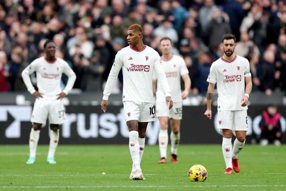 LONDON, ENGLAND - DECEMBER 23: Marcus Rashford of Manchester United looks dejected after Mohammed Kudus of West Ham United (not pictured) scores their team's second goal during the Premier League match between West Ham United and Manchester United at London Stadium on December 23, 2023 in London, England. (Photo by Julian Finney/Getty Images)