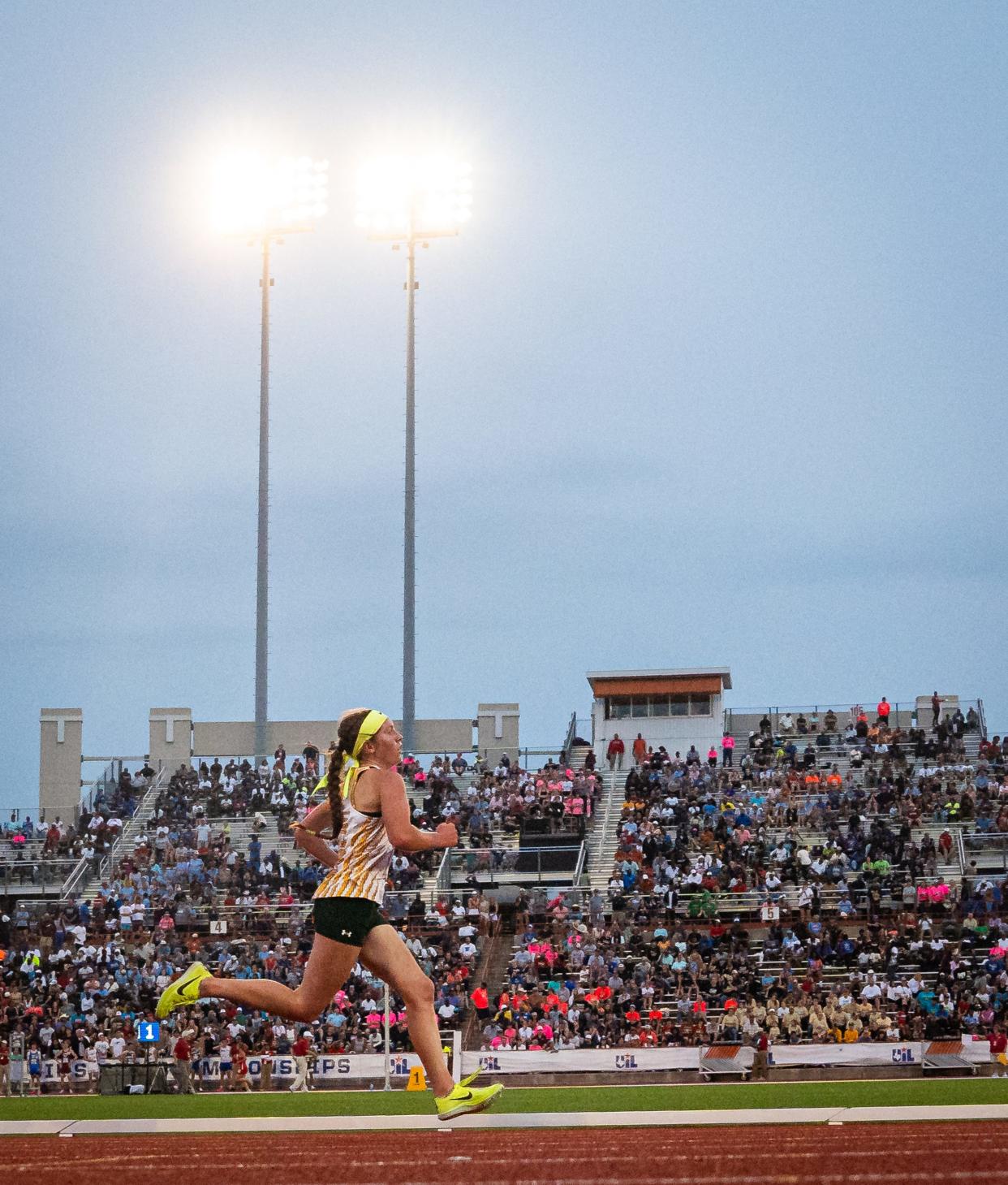 Springlake-Earth's Taytum Goodman competes in the 1,600 meters at the Class 1A UIL state track and field meet Saturday at Mike A. Myers Stadium in Austin.