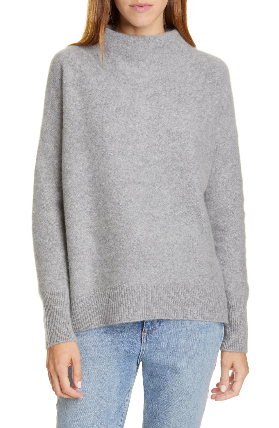 Vince Boiled Cashmere Funnel Neck Pullover in heather grey