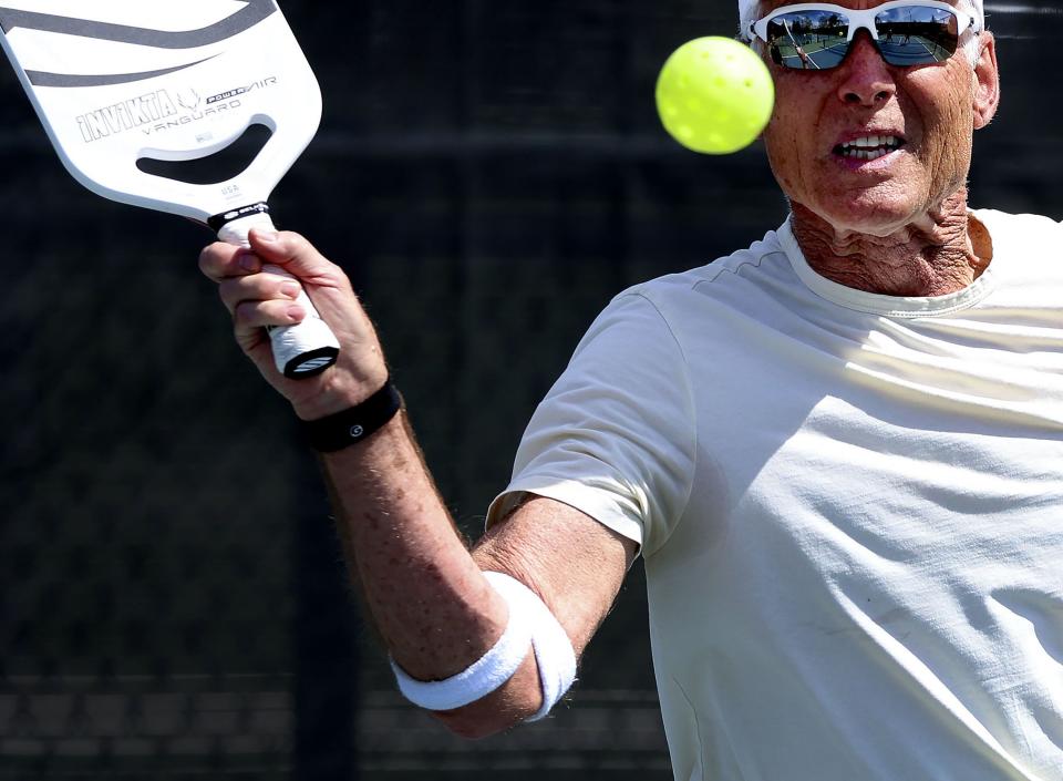 Rick Egan returns the ball during a game of pickleball at Fairmont Park in Salt Lake City on Friday, May 12, 2023. | Laura Seitz, Deseret News