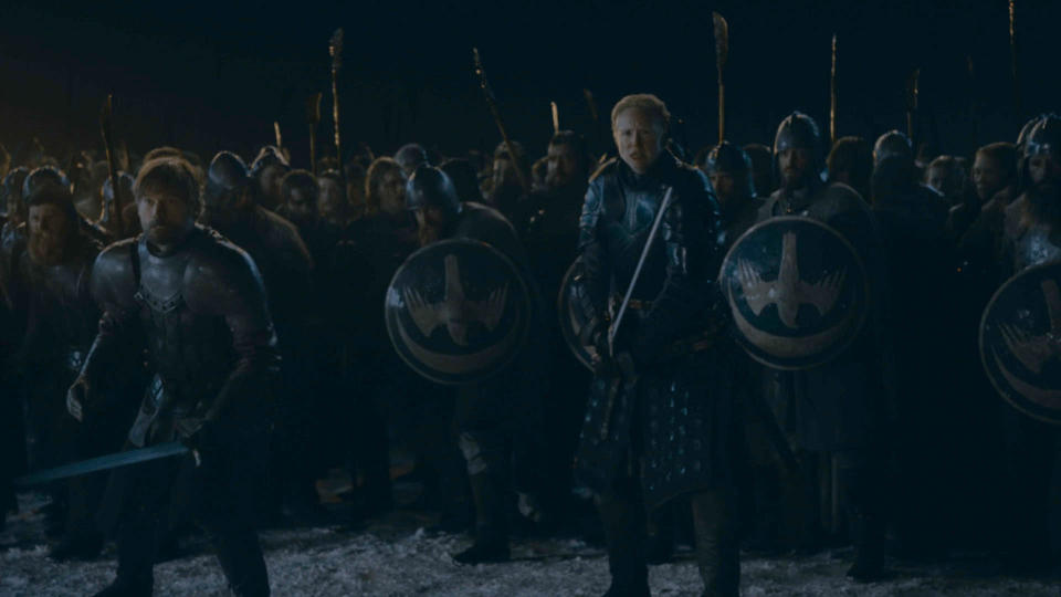 Jaime Lannister and Brienne lead the Winterfell troops on the front lines (Photo: Helen Sloan/HBO)