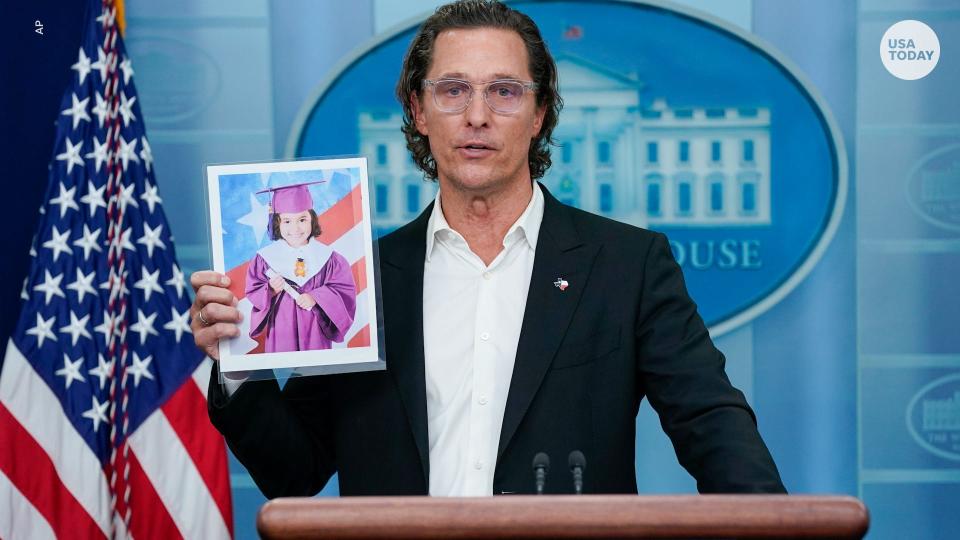 Actor Matthew McConaughey holds a picture or Alithia Ramirez, 10, who was killed in the mass shooting at an elementary school in Uvalde, Texas, as he speaks during a press briefing at the White House, Tuesday, June 7, 2022, in Washington. (AP Photo/Evan Vucci)