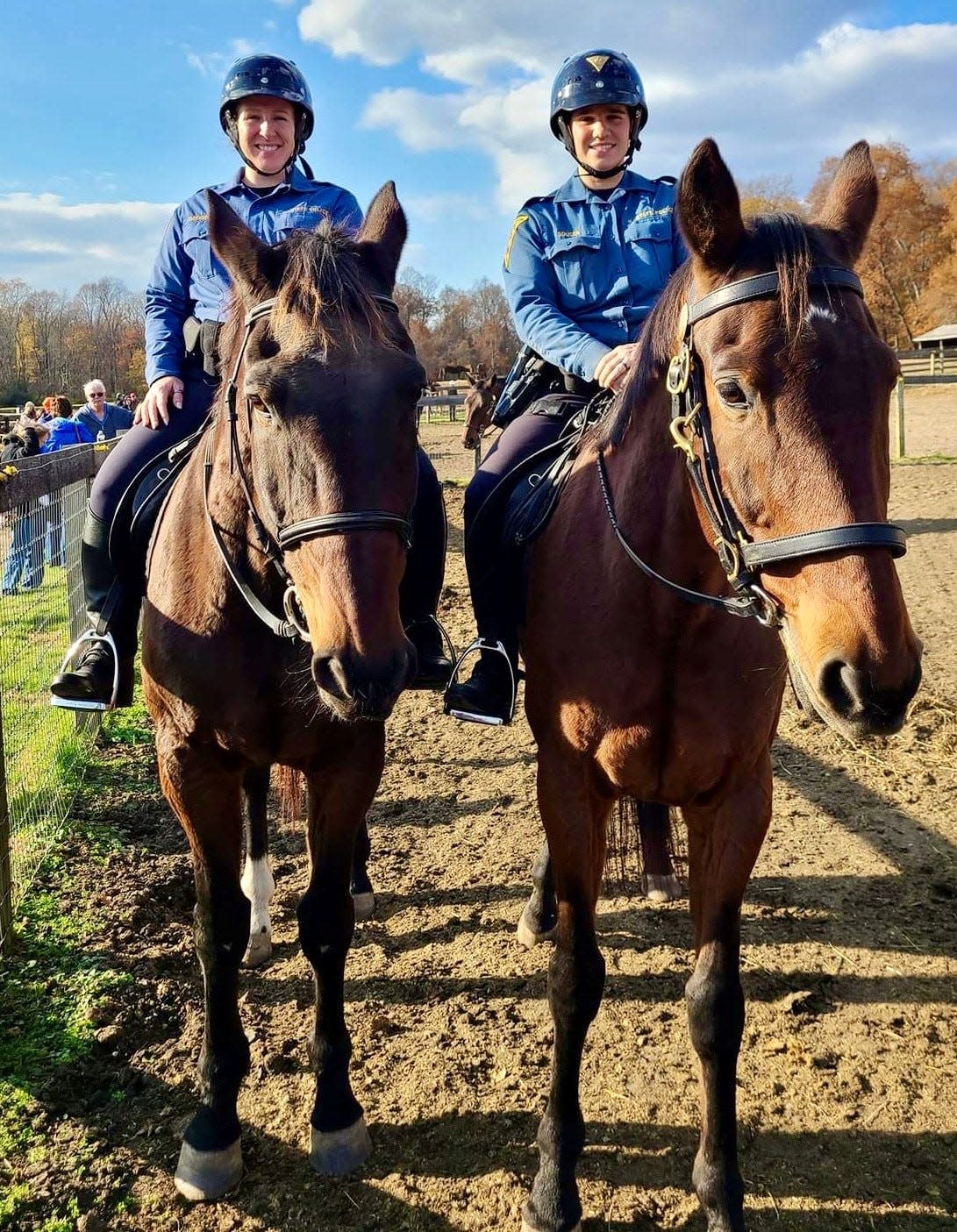 Police horses visit the Standardbred Retirement Foundation, a nonprofit based at a rescue farm in Upper Freehold. These former racehorses, now at work with law enforcement, had been rescued from slaughterhouses by the foundation.