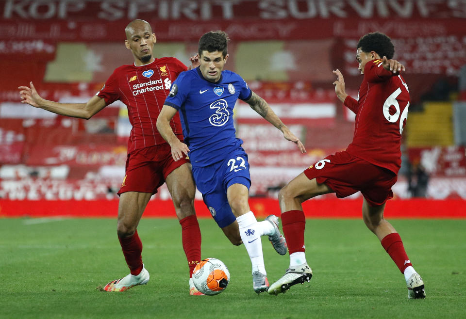 Christian Pulisic and Chelsea will face a stern test in the second game of the new Premier League season when they host defending champion Liverpool in London. (Phil Noble/Getty Images)