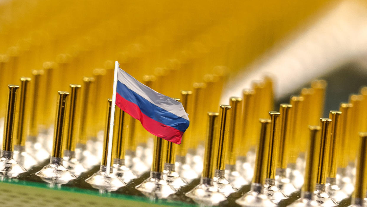  A Russian flag on the pin of a microchip. 