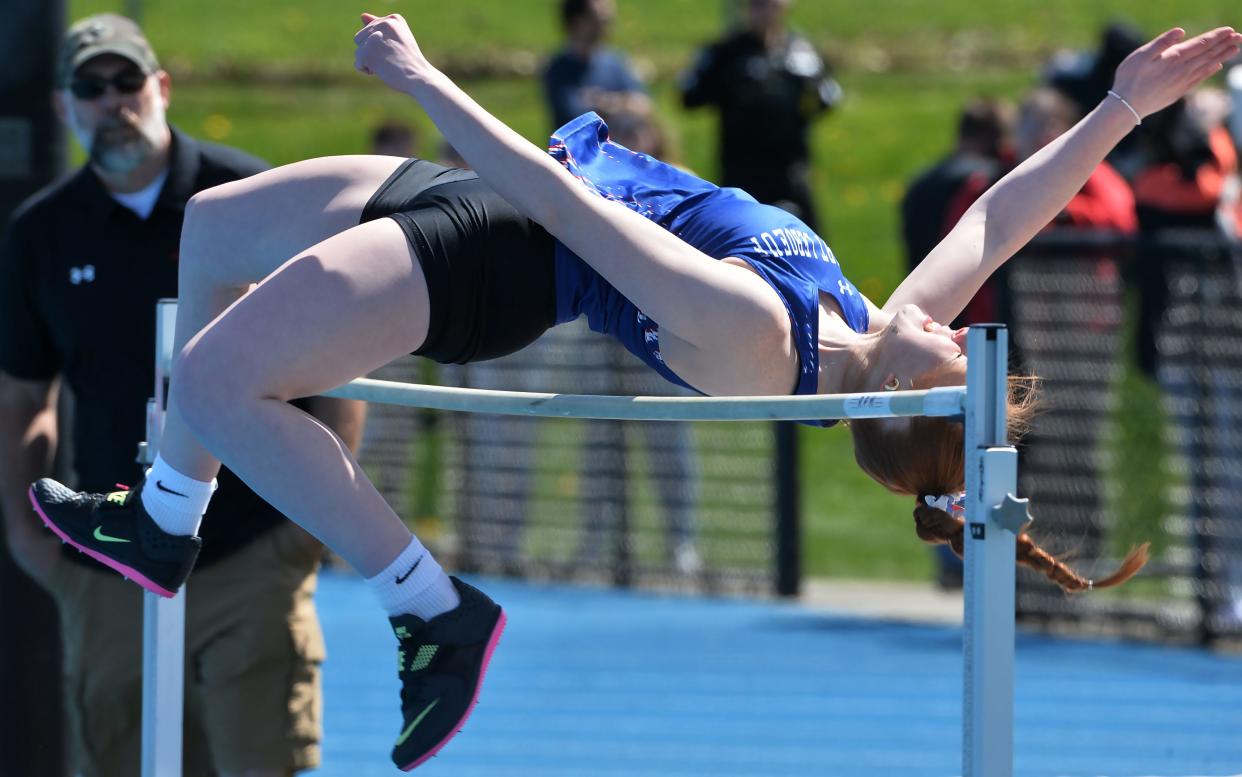 Fort LeBoeuf High School junior Evelyn Dorler competes in the high jump during the McDowell Invitational Track & Field meet.