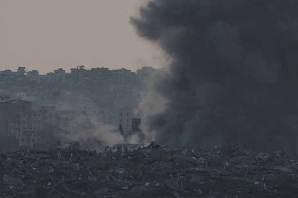 Smoke rises following an explosion in the Gaza Strip, as seen from southern Israel, Tuesday, March 5, 2024. (AP Photo/Leo Correa)