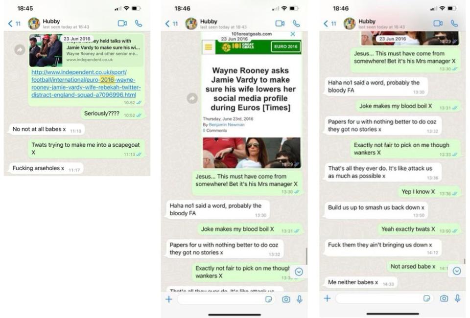 Screen grabs of Rebekah Vardy’s text messages (Kingsley Napley/PA) (PA Media)