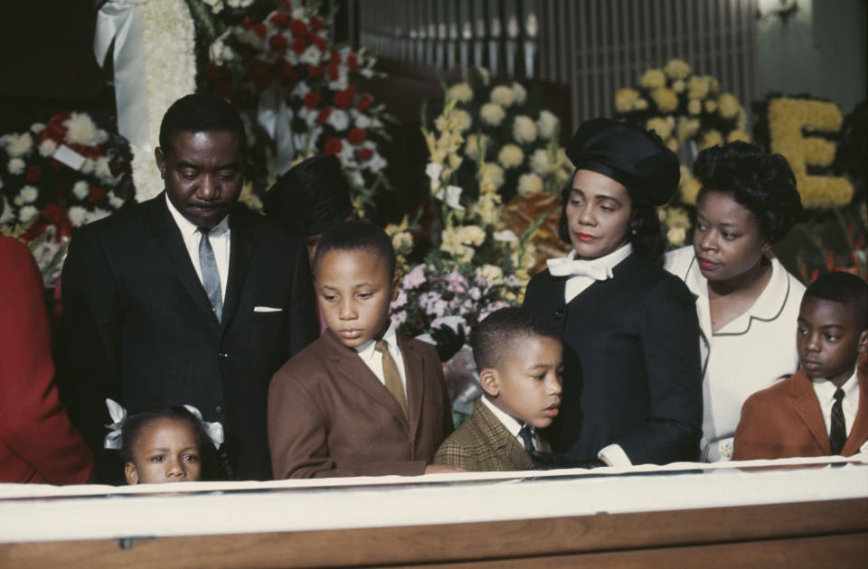 MLK's brother, Reverend Alfred Daniel King, his widow Coretta Scott King, and his children Martin Luther King III, Dexter King and Bernice King at the funeral of assassinated civil rights leader Martin Luther King Jr at the Ebenezer Baptist Church in Atlanta on April 9th 1968