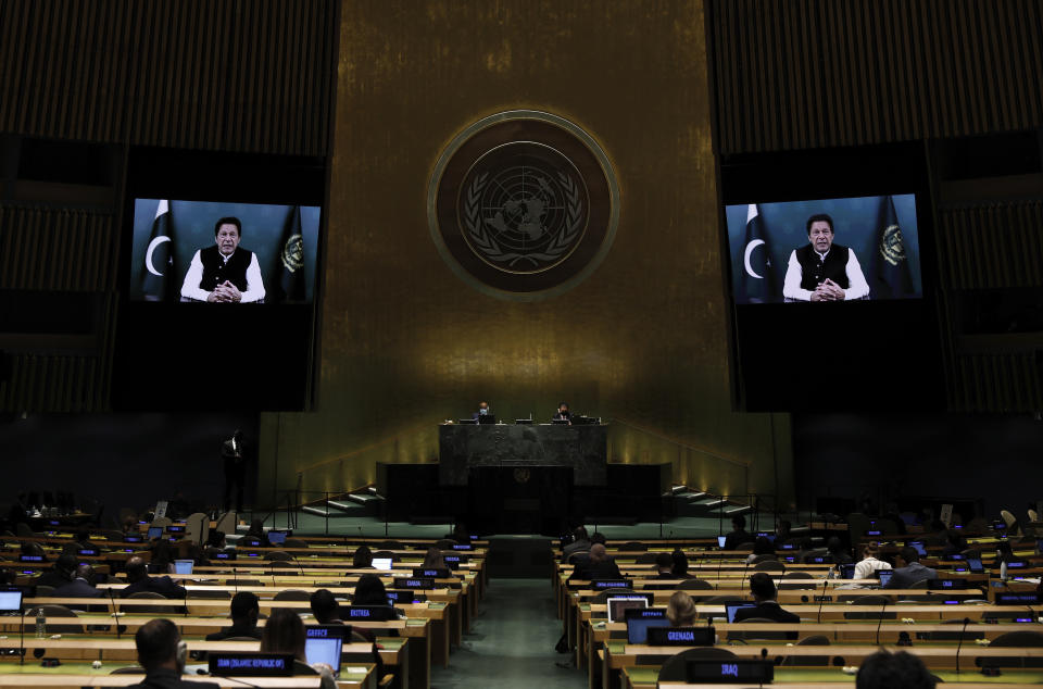 Pakistan Prime Minister Imran Khan addresses, in a pre-recorded message, addresses the 76th session of the United Nations General Assembly, Friday Sept. 24, 2021, at UN headquarters. (Peter Foley/Pool Photo via AP)