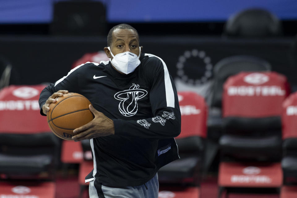 Andre Iguodala #28 of the Miami Heat warms up prior to the game against the Philadelphia 76ers