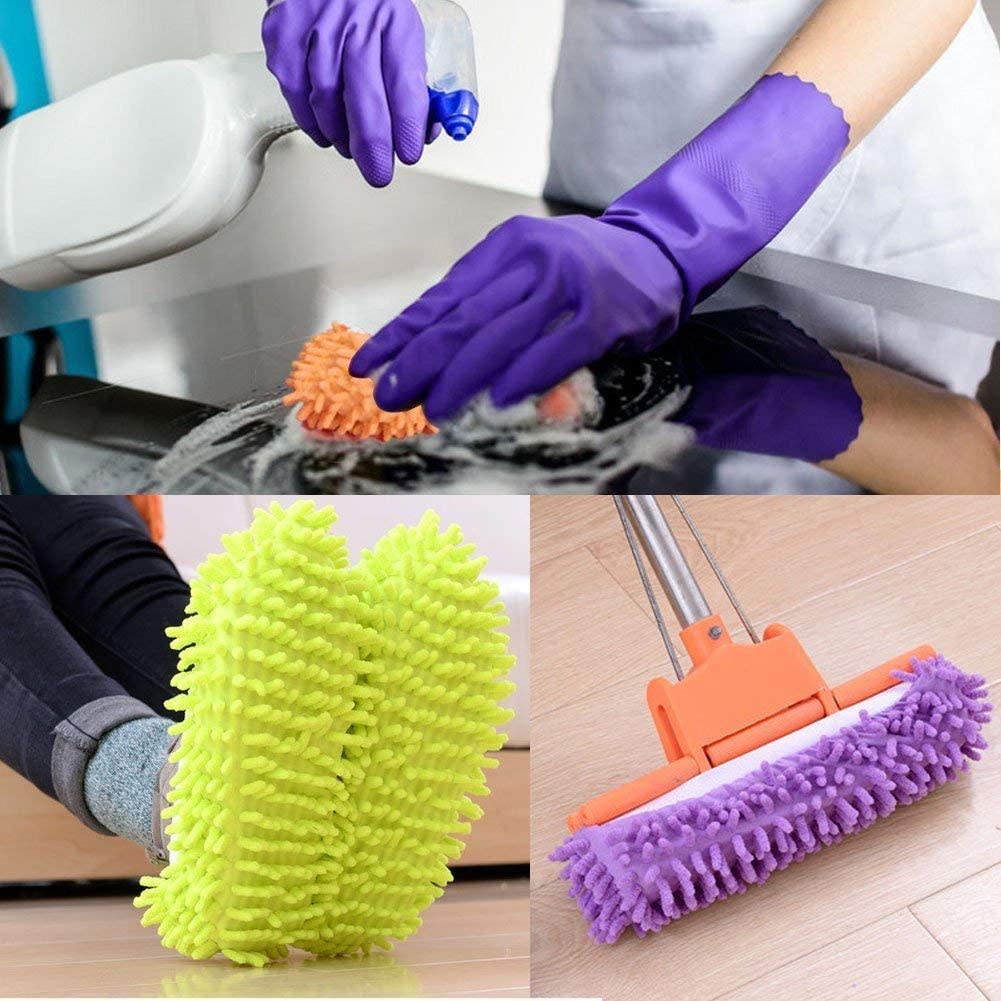 3 photos of person using mop slippers differently: by hand on the countertop, on their feet, and on a mop head