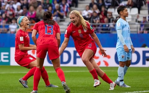 Lindsey Horan of USA celebrates their team's third goal during the 2019 FIFA Women's World Cup France group F match between USA and Thailand  - Credit: GETTY IMAGES