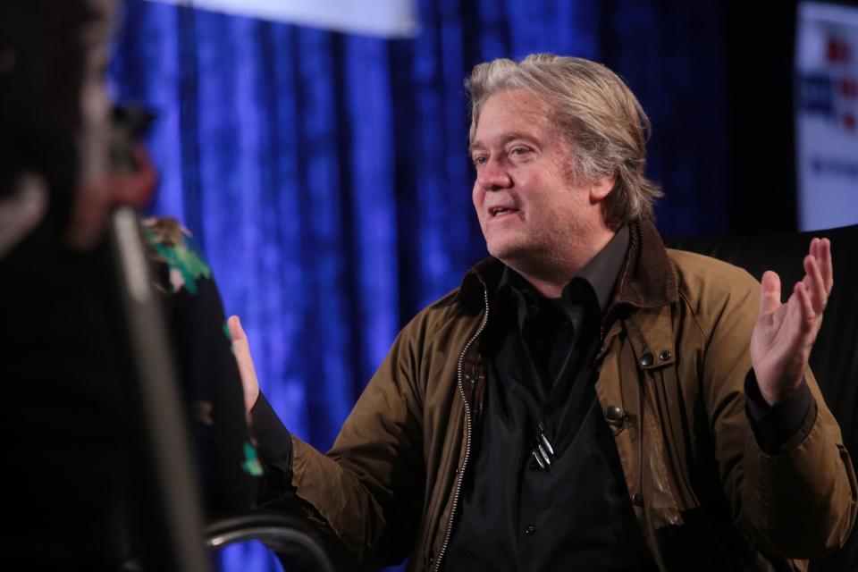 Steve Bannon, former Exec. Chair of far-right Breitbart News & former chief strategist of Trump White House talks in an interview before speaking at Cobo Center in downtown Detroit on Thursday, March 14, 2019 during stop on his nationwide tour named "We Build the Wall" in support Trump's wish for $7-billion expansion of border wall with Mexico, aimed at stopping illegal immigration.
