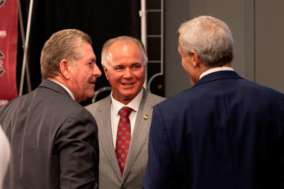 University of South Carolina’s new baseball coach, Paul Mainieri, speaks with Athletic Director Ray Tanner and Steve Fink after a press conference on Thursday, June 13, 2024.