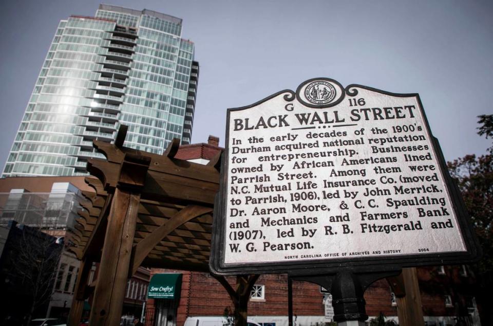 This historical marker commemorates what was once known as Black Wall Street in downtown Durham, N.C. Former City Council member Frank Hyman says Durham has a long history of Black leadership and should consider changing some of its street names to honor that.