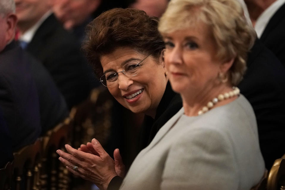 WASHINGTON, DC - JUNE 29:  Treasurer of the United States Jovita Carranza (L), and Administrator of Small Business Administration Linda McMahon (R),  attend an event at the East Room of the White House June 29, 2018 in Washington, DC. Trump held the event for "celebrating the six month anniversary of the Tax Cuts and Jobs Act."  (Photo by Alex Wong/Getty Images)