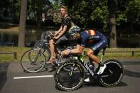 Movistar rider Alejandro Valverde of Spain cycles during a team training session in Utrecht, Netherlands, July 3, 2015. REUTERS/Benoit Tessier