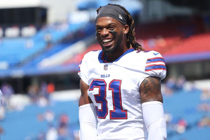 Buffalo Bills safety Damar Hamlin prior to the start of a preseason NFL football game in 2021.