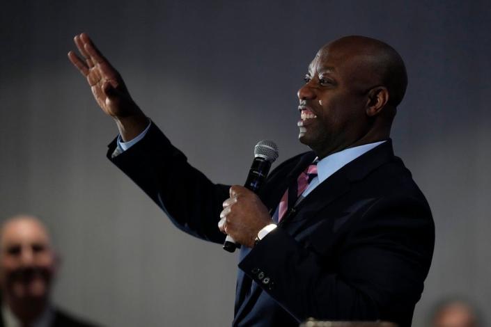 Late.  Tim Scott, RS.C.  speaks during the Republican Party of Polk County Lincoln Dinner, Wednesday, Feb. 22, 2023, in West Des Moines, Iowa.