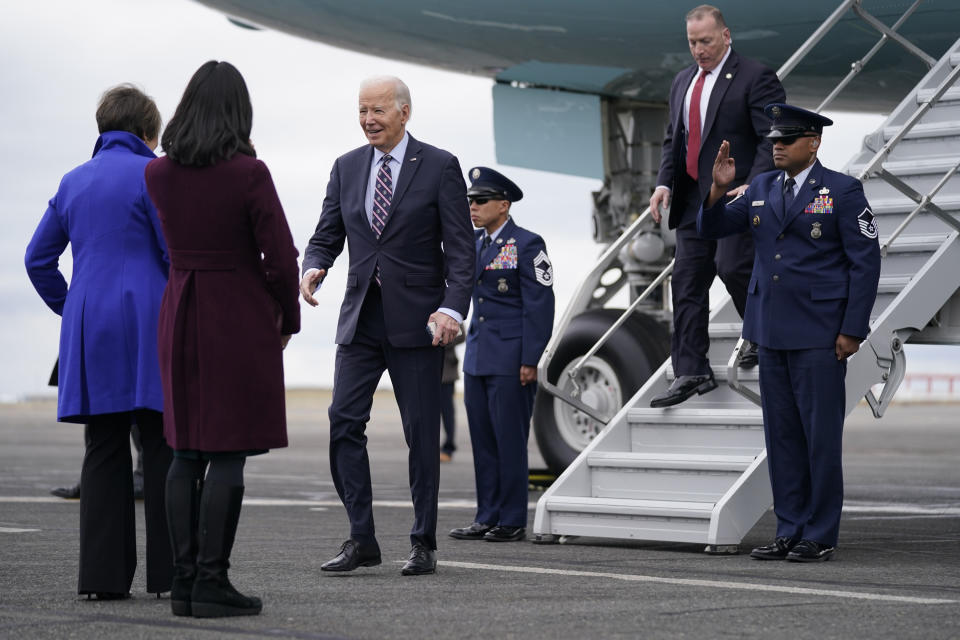 President Joe Biden arrives at Boston Logan International Airport to attend several campaign fundraisers, Tuesday, Dec. 5, 2023, in Boston. (AP Photo/Evan Vucci)