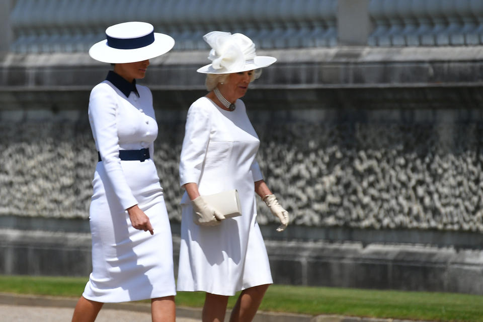 Britain's Camilla, Duchess of Cornwall (R) talks with US First Lady Melania Trump on her arrival for a welcome ceremony at Buckingham Palace in central London on June 3, 2019, on the first day of their three-day State Visit to the UK. - Britain rolled out the red carpet for US President Donald Trump on June 3 as he arrived in Britain for a state visit already overshadowed by his outspoken remarks on Brexit. (Photo by MANDEL NGAN / AFP)        (Photo credit should read MANDEL NGAN/AFP/Getty Images)