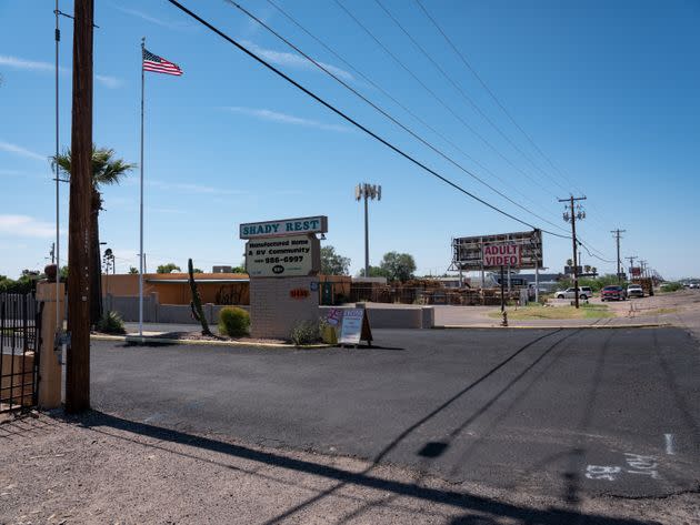 An adult video shop is conveniently located next to a 55+ retirement RV community in Apache Junction, Arizona. (Photo: Molly Peters for HuffPost)