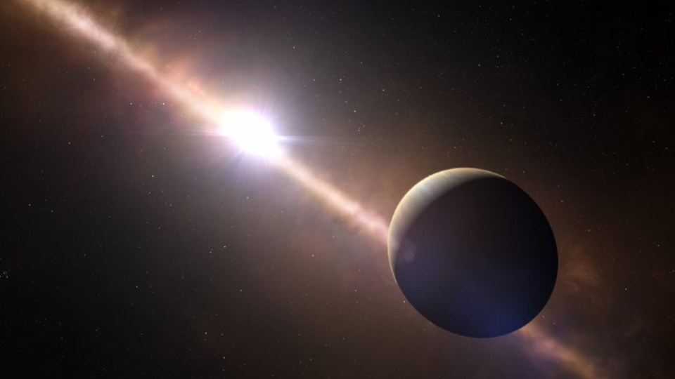 An illustration shows Beta Pictoris b orbiting its parent star