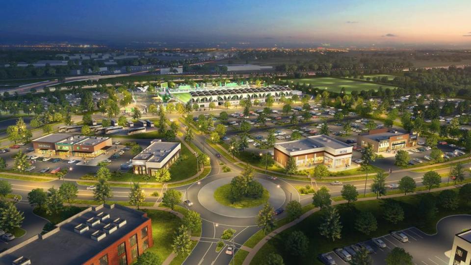 A rendering imagines how businesses could fill in the area surrounding Lexington Sporting Club’s soccer-specific stadium and practice fields off Athens Boonesboro Road.