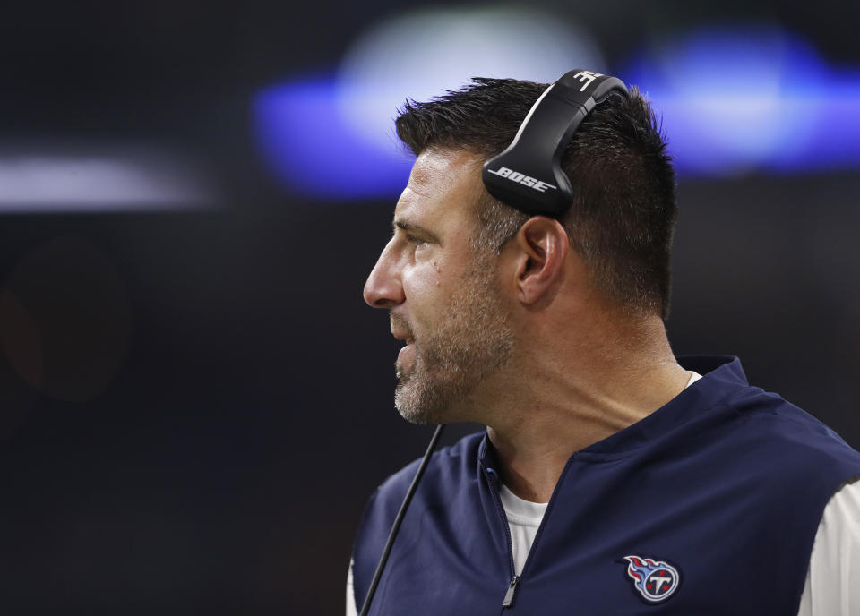 Mike Vrabel’s fourth-down decision against the Texans was ripped by ESPN’s crew. (AP)