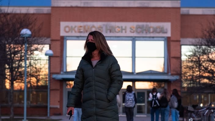 Okemos High School and principal Christine Sermak are shown in Lansing, Michigan, where the mascot is Chieftains. Lansing School District is receiving funds from the Native American Heritage Fund to eliminate racist imagery of indigenous people. (Photo: Matthew Dae Smith/Lansing State Journal via Imagn Content Services, LLC)