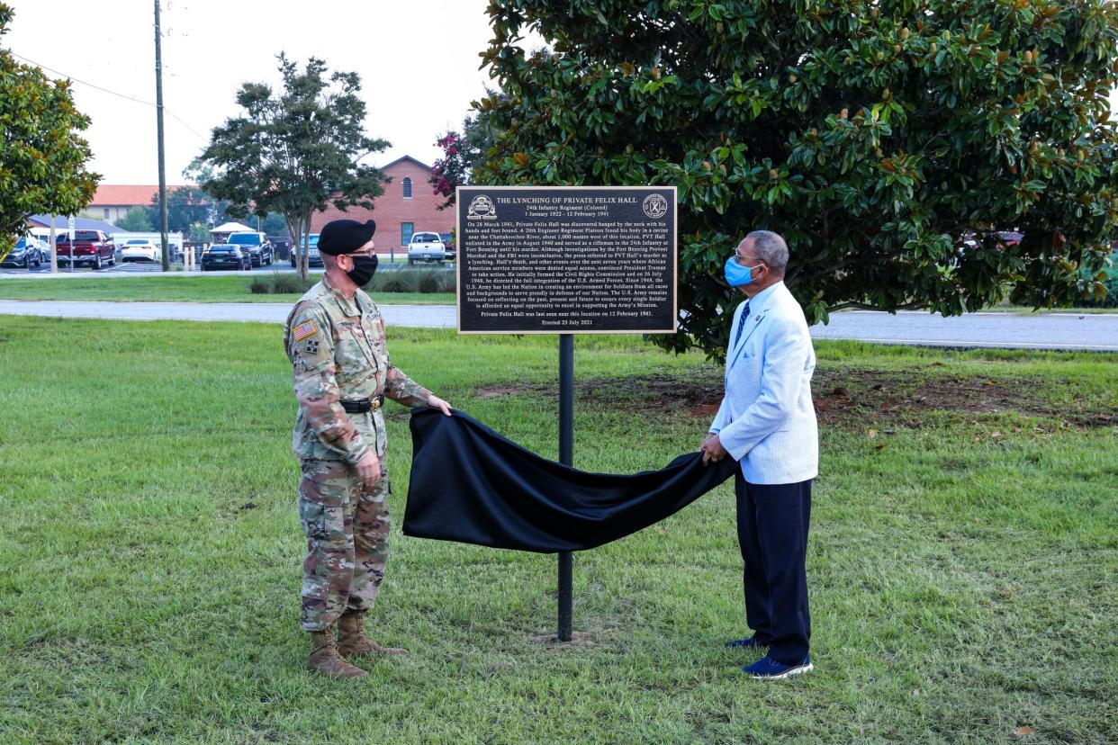 A memorial honoring Pvt. Felix Hall, a Black soldier lynched on a military base 80 years ago, is unveiled in Fort Benning, Ga.