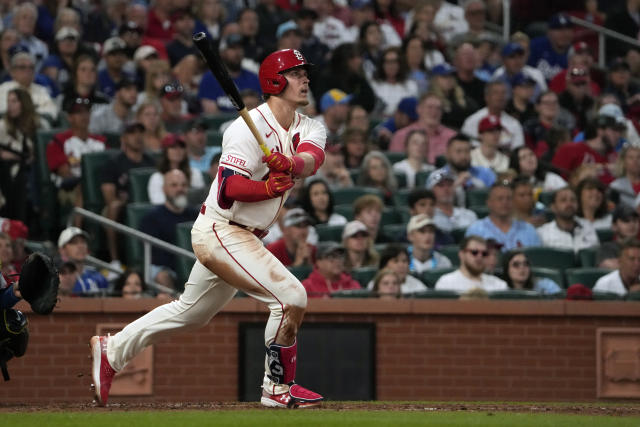 St. Louis Cardinals' Nolan Gorman watches his three-run home run during the eighth inning of a baseball game against the Los Angeles Dodgers Saturday, May 20, 2023, in St. Louis. (AP Photo/Jeff Roberson)
