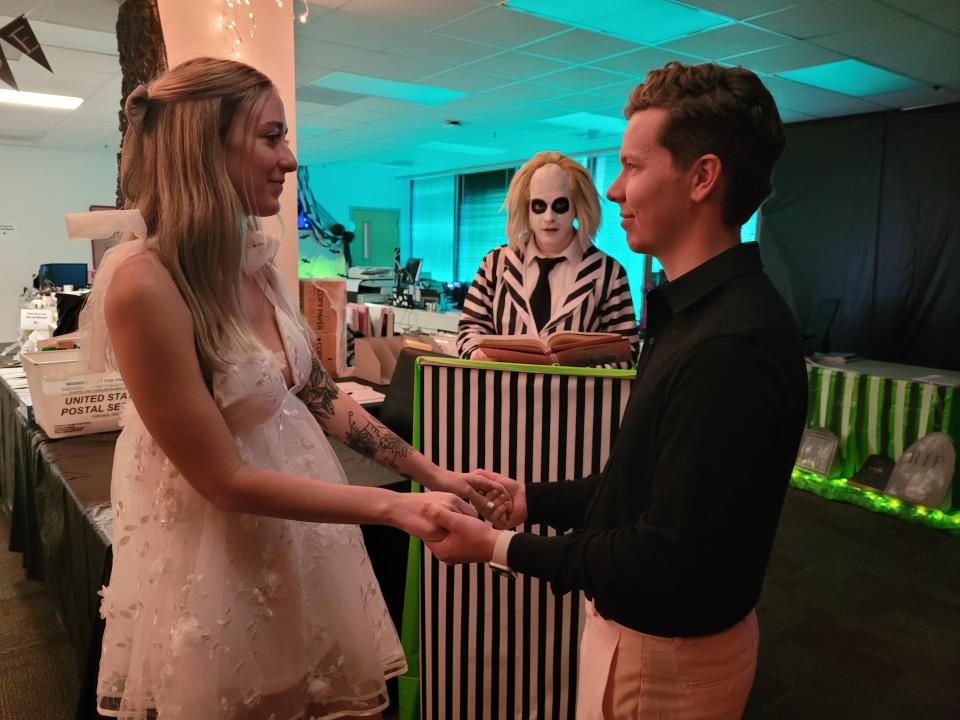 Escambia Clerk of Court Pam Childers and her staff held "Beetlejuice" themed weddings for Halloween. Callie and Logan Heard were among those who took part. Clerk's office employee, Shawn McLaughlin, performed the nuptials as the notorious "Beetlejuice."