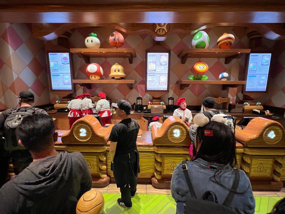 Guest reach the front of a line that took well over an hour at the Toadstool Cafe at Universal Studios Hollywood on March 2, 2023.