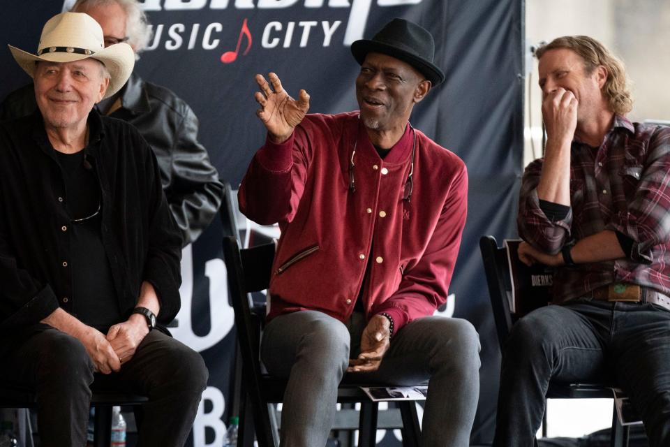 Bobby Bare, Keb' Mo' and Dierks Bentley share a laugh during the Music City Walk of Fame Induction Ceremony at Walk of Fame Park Tuesday, April 5, 2022 in Nashville, Tenn. 