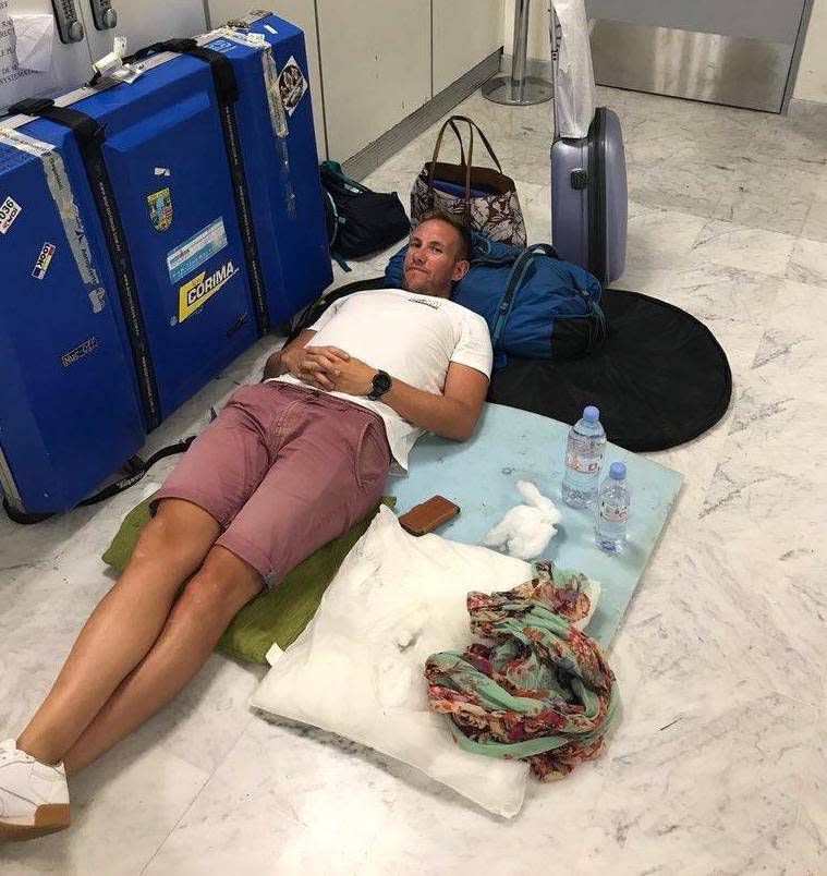 French kipping: one of the passengers stranded at Nice airport when a British Airways flight was delayed overnight (Adam Whitfield)