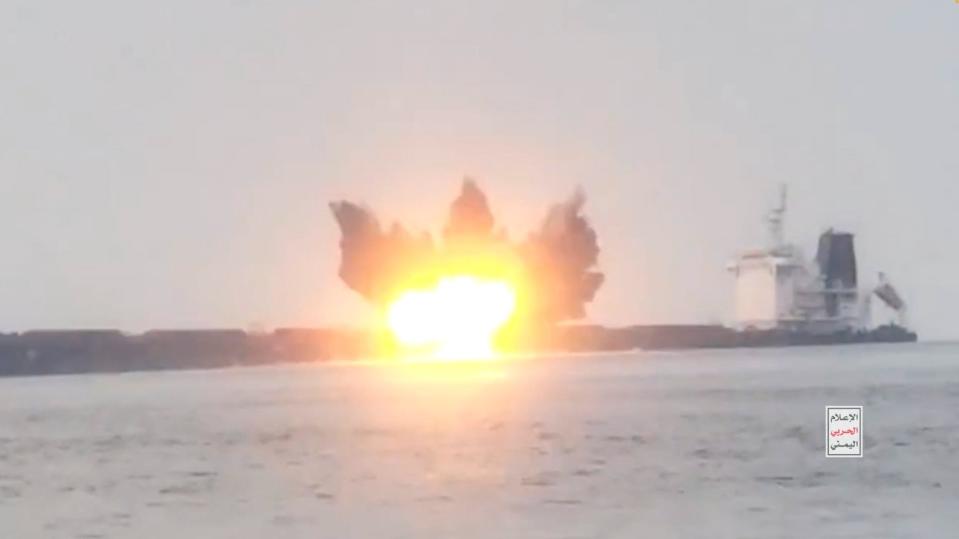 View of an explosion the MV Tutor, which the Houthis struck in the Red Sea on June 12, in this screen grab obtained from a video.