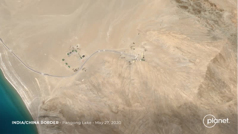 Build up at the Line of Actual Control on the disputed border between China and India is seen in this handout satellite image of Pangong Lake courtesy of Planet Labs taken May 27, 2020