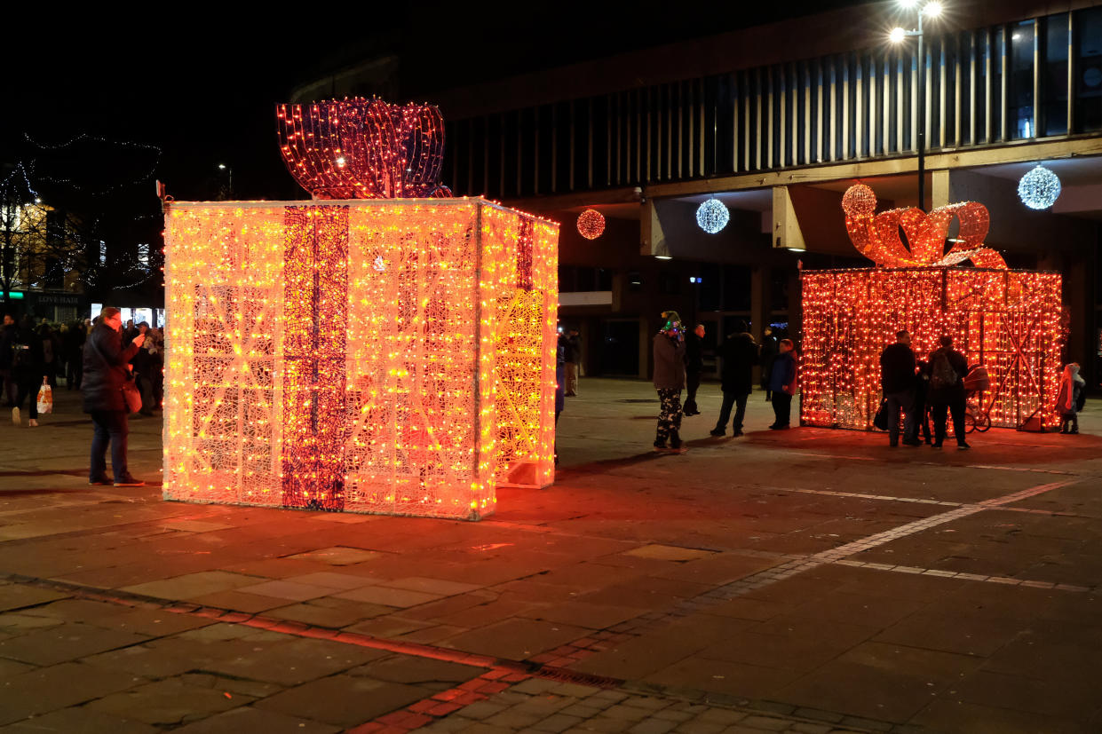 Derby Christmas decorations, Derby City Centre, November 29 2019. A display of four illuminated Christmas presents has been ridiculed online and described as an embarrassing waste of money. Derby City Council spent £112,000 on the replacement for the ice skating rink it had in previous years. People on social media described the new feature as a "disappointment", "ridiculous", and "dystopian". The council said it was "disappointed" some people had chosen to judge the presents before they are fully working.