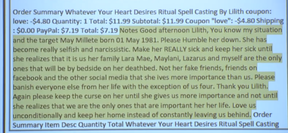 A screengrab from court evidence shows a receipt for a "whatever your heart desires ritual spell casting" and an extended note from a husband asking for his wife to be made sick until she provides unconditional love to her family