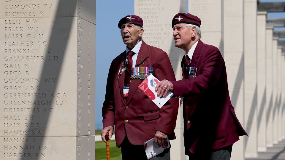 British D-Day veteran Tom Schaffer (left), and companion John Pinkerton study the names on the British Normandy Memorial at Ver-sur-Mer in France ahead of the 79th anniversary of the D-Day landings in June 2023. Schaffer passed away in March 2024, at the age of 97. - Gareth Fuller/PA