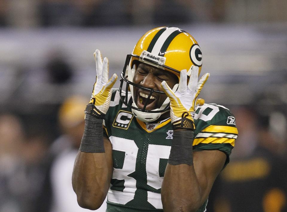 Wide receiver Greg Jennings reacts after a fourth-quarter reception in Super Bowl XLV.