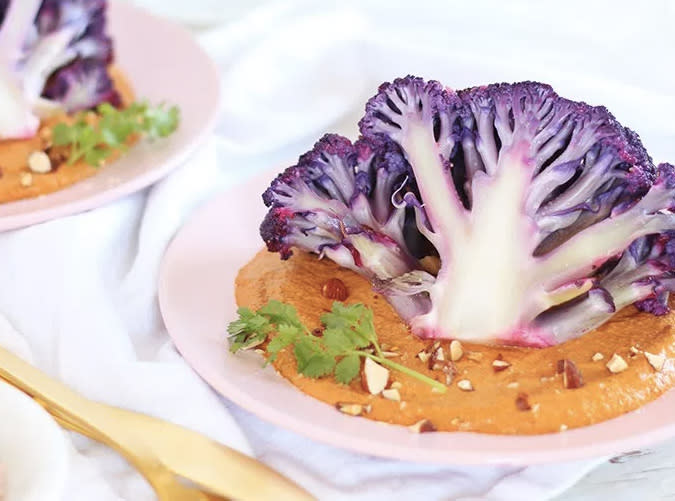 Roasted Purple Cauliflower with Red Pepper Romesco