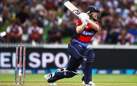 Eoin Morgan of England plays the ball away for six runs during the International Twenty20 match between New Zealand and England at Seddon Park on February 18, 2018 in Hamilton, New Zealand - Credit: Getty Images