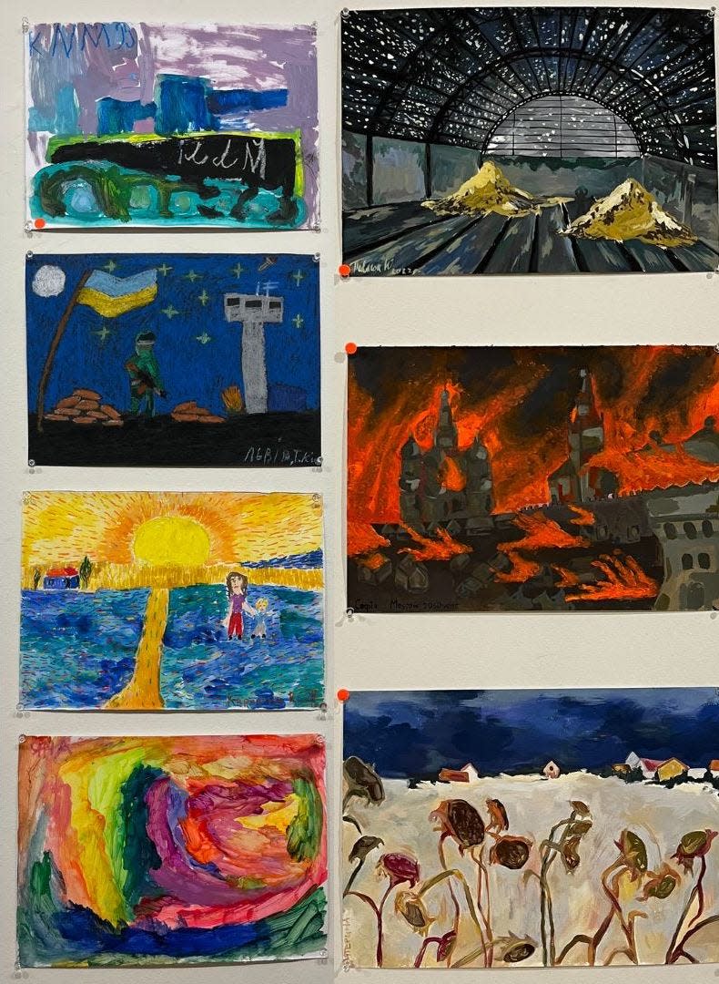 A composite image of artwork from Ukrainian children displaced by the war