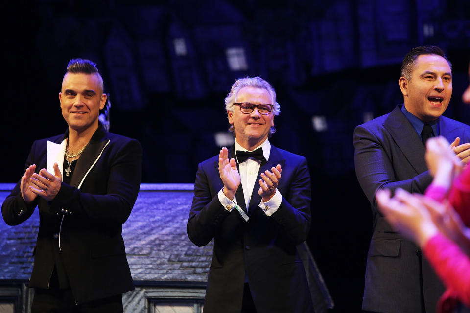 STRATFORD-UPON-AVON, ENGLAND - NOVEMBER 28:  (L-R) Robbie Williams, Guy Chambers and David Walliams attend the press night performance of "The Boy In The Dress" at Royal Shakespeare Theatre on November 28, 2019 in Stratford-upon-Avon, England.  (Photo by David M. Benett/Dave Benett/Getty Images)