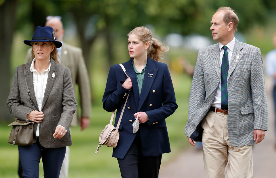 WINDSOR, UNITED KINGDOM - JULY 03: (EMBARGOED FOR PUBLICATION IN UK NEWSPAPERS UNTIL 24 HOURS AFTER CREATE DATE AND TIME) Sophie, Countess of Wessex, Lady Louise Windsor and Prince Edward, Earl of Wessex attend day 3 of the Royal Windsor Horse Show in Home Park, Windsor Castle on July 3, 2021 in Windsor, England. (Photo by Max Mumby/Indigo/Getty Images)
