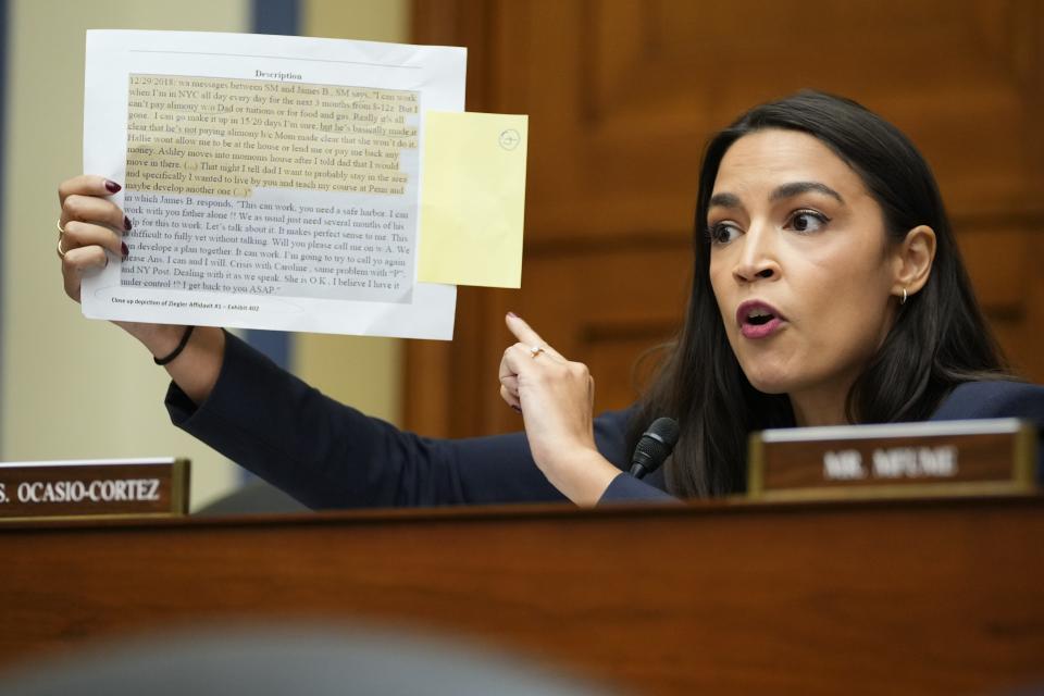 Sep 28, 2023; Washington, DC, USA; Rep. Alexandria Ocasio-Cortez, D-N.Y., speaks during the House Oversight committee hearing on the basis for an impeachment inquiry of President Joseph R. Biden, Jr. On Sept. 12, 2023, House Speaker Kevin McCarthy, R-Calif., announced that the House would open a formal impeachment inquiry against President Joe Biden, escalating a Republican investigation that started in January when the GOP took majority control of the lower chamber. Mandatory Credit: Josh Morgan-USA TODAY