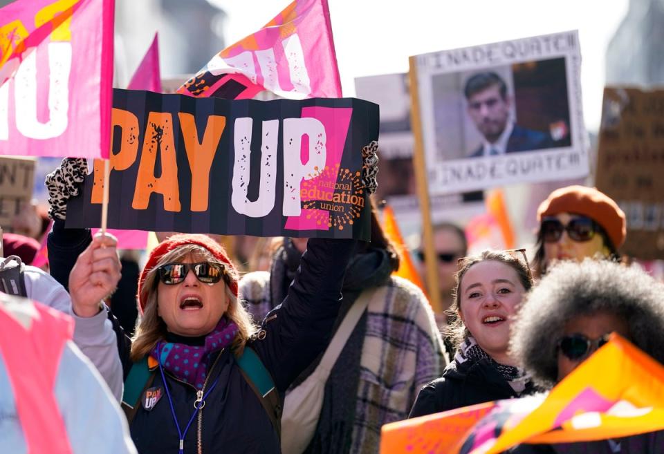 Striking members of the National Education Union (NEU) South East Region at a rally in Chichester, West Sussex, in a long-running dispute over pay (PA)